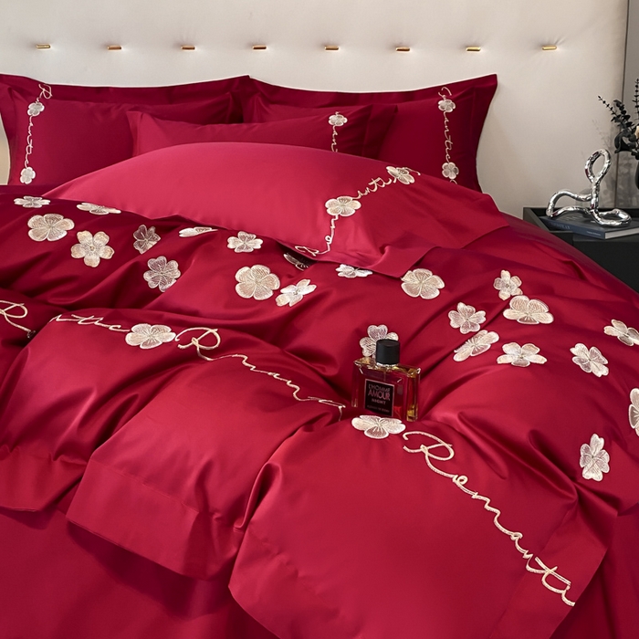 91家纺网 家纺一手货源 找家纺 置顶家纺 2025新款13372全棉刺绣四件套-桃花朵朵开 桃花朵朵开-温馨红