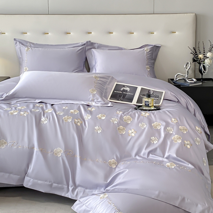 91家纺网 家纺一手货源 找家纺 置顶家纺 2025新款13372全棉刺绣四件套-桃花朵朵开 桃花朵朵开-雅紫