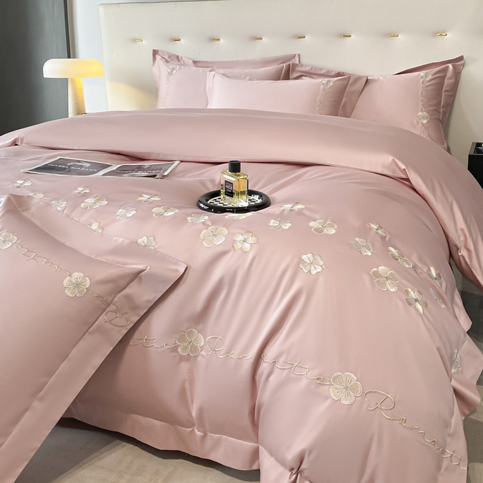 91家纺网 家纺一手货源 找家纺 置顶家纺 2025新款13372全棉刺绣四件套-桃花朵朵开 桃花朵朵开-浅豆沙