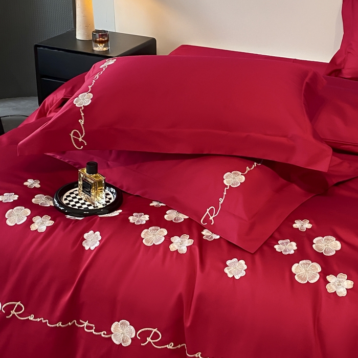 91家纺网 家纺一手货源 找家纺 置顶家纺 2025新款13372全棉刺绣四件套-桃花朵朵开 桃花朵朵开-温馨红