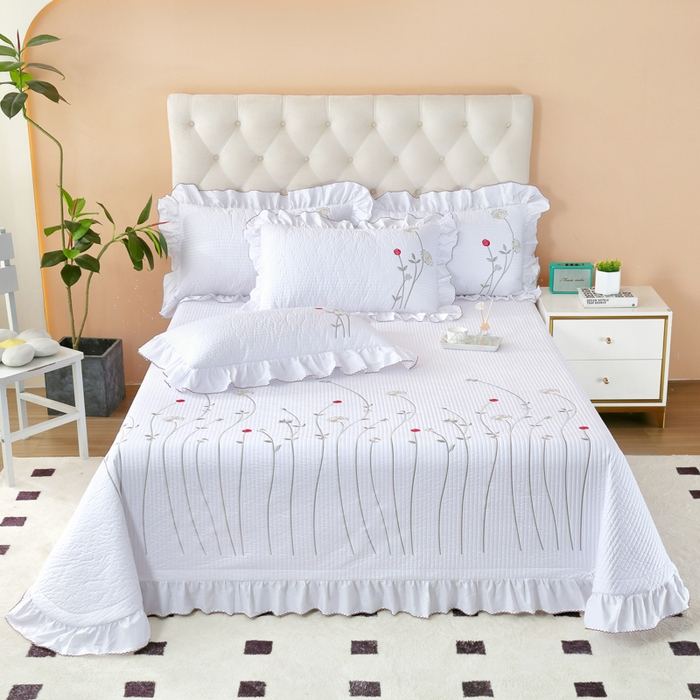 91家纺网 家纺一手货源 找家纺 OL家纺 2025新款全棉夹棉床盖三件套-玫瑰系列 铅白色