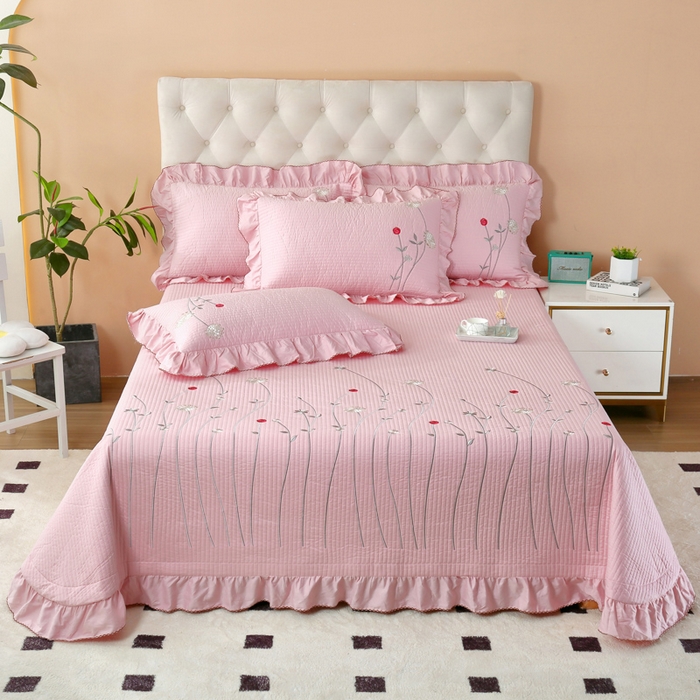 91家纺网 家纺一手货源 找家纺 OL家纺 2025新款全棉夹棉床盖三件套-玫瑰系列 桃夭粉