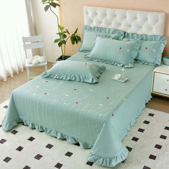 91家纺网 家纺一手货源 找家纺 OL家纺 2025新款全棉夹棉床盖三件套-玫瑰系列 品绿色