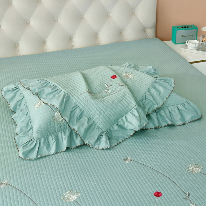 91家纺网 家纺一手货源 找家纺 OL家纺 2025新款全棉夹棉床盖三件套-玫瑰系列 品绿色