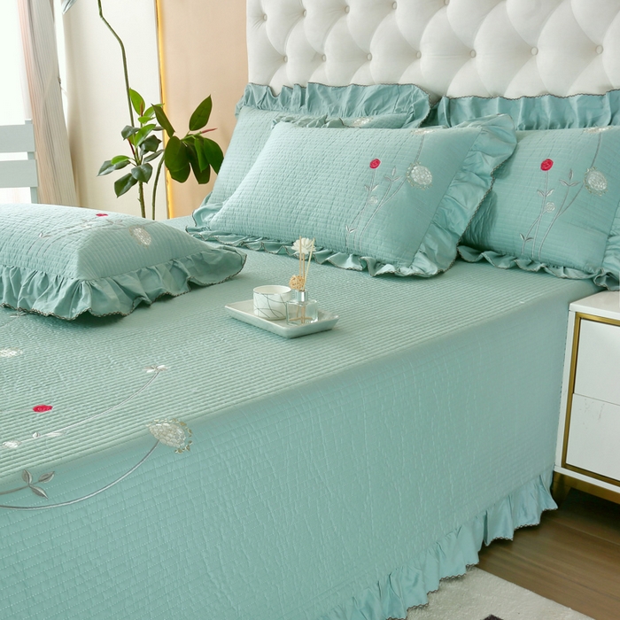 91家纺网 家纺一手货源 找家纺 OL家纺 2025新款全棉夹棉床盖三件套-玫瑰系列 品绿色