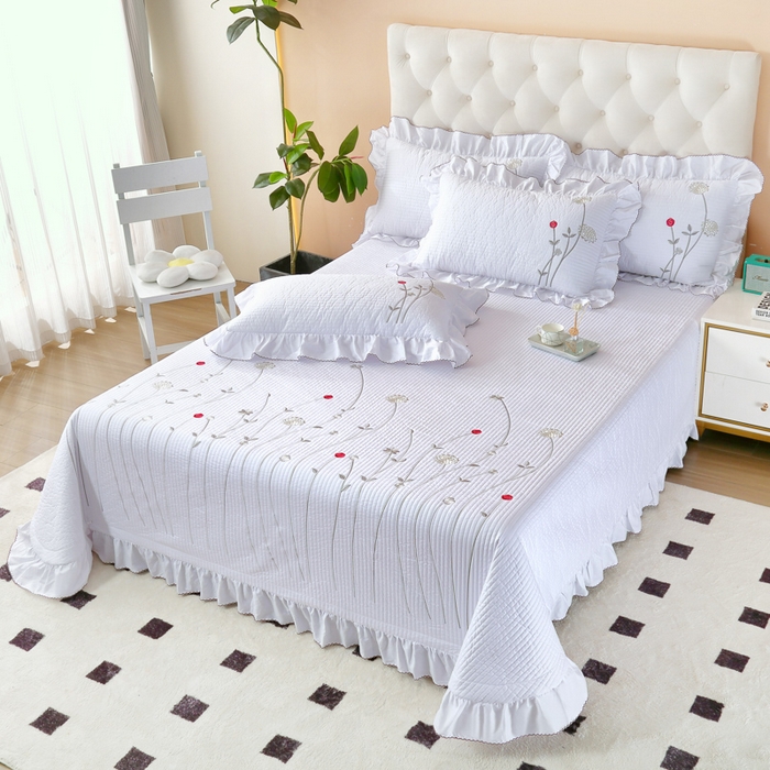 91家纺网 家纺一手货源 找家纺 OL家纺 2025新款全棉夹棉床盖三件套-玫瑰系列 铅白色