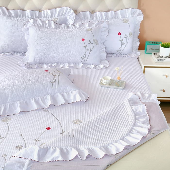 91家纺网 家纺一手货源 找家纺 OL家纺 2025新款全棉夹棉床盖三件套-玫瑰系列 铅白色