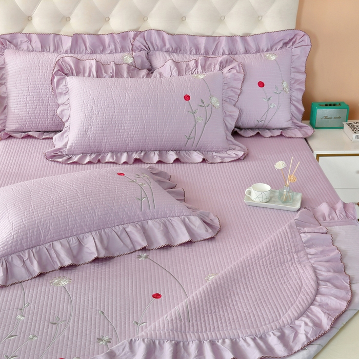 91家纺网 家纺一手货源 找家纺 OL家纺 2025新款全棉夹棉床盖三件套-玫瑰系列 茄花紫
