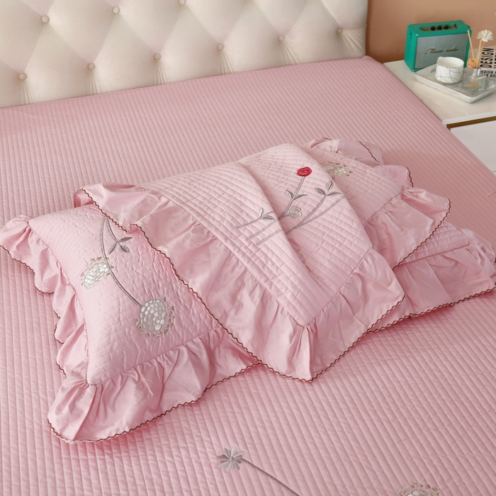 91家纺网 家纺一手货源 找家纺 OL家纺 2025新款全棉夹棉床盖三件套-玫瑰系列 桃夭粉