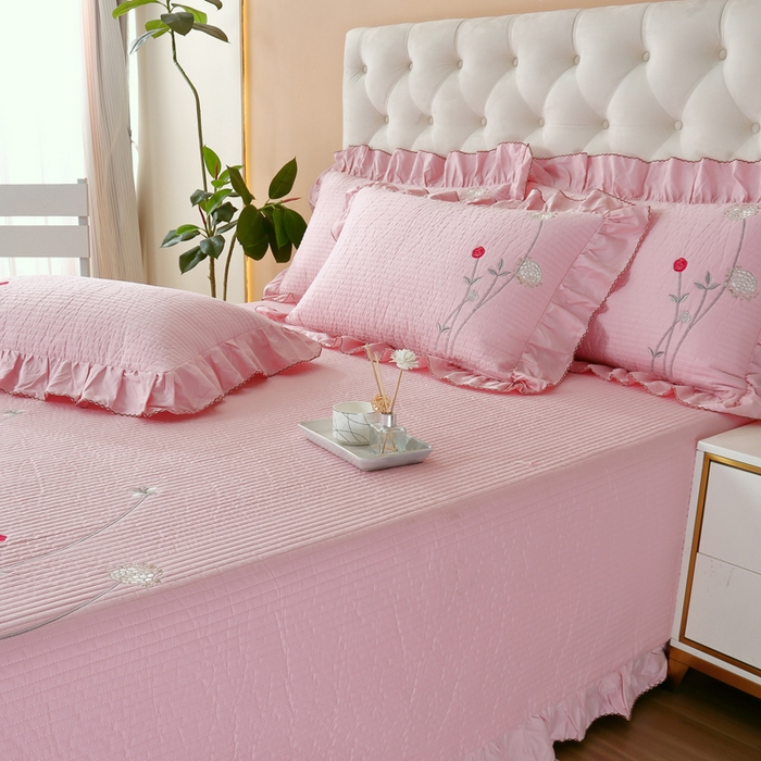 91家纺网 家纺一手货源 找家纺 OL家纺 2025新款全棉夹棉床盖三件套-玫瑰系列 桃夭粉