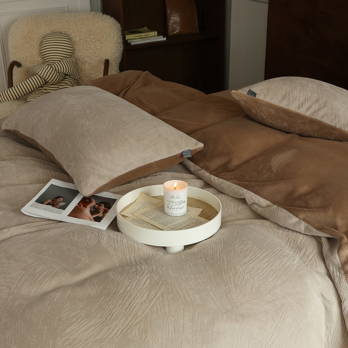 91家纺网 家纺一手货源 找家纺 玉宇阁家居 2025新款230g高克重牛奶绒立体提花雕花四件套-速写（168/228/248/248/248/268（券后控价） 床笠款套件可定制（适用于 10-22cm 高床垫）） 速写-奶茶+可可