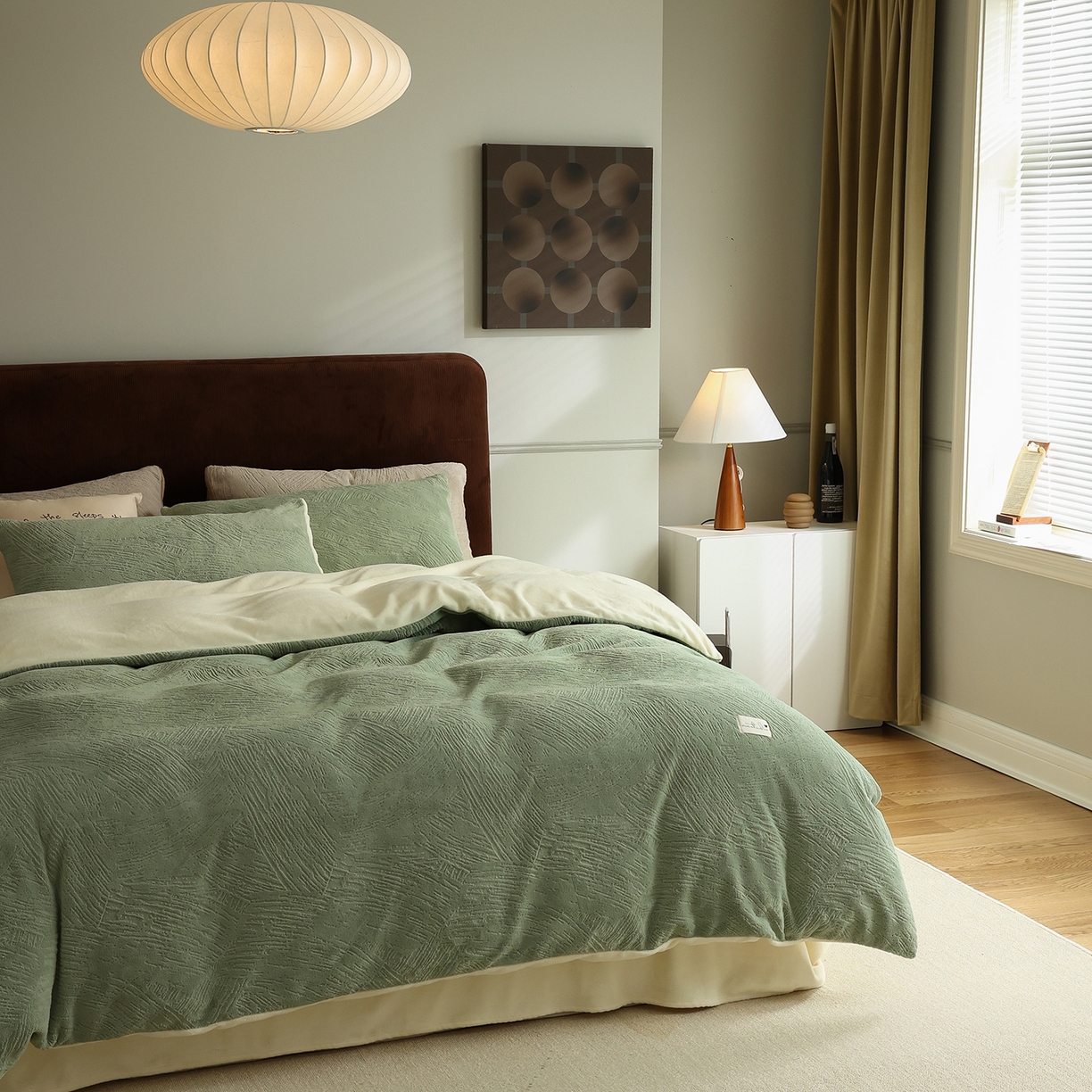 91家纺网 家纺一手货源 找家纺 玉宇阁家居 2025新款230g高克重牛奶绒立体提花雕花四件套-速写（168/228/248/248/248/268（券后控价） 床笠款套件可定制（适用于 10-22cm 高床垫）） 速写-豆蔻绿+杏