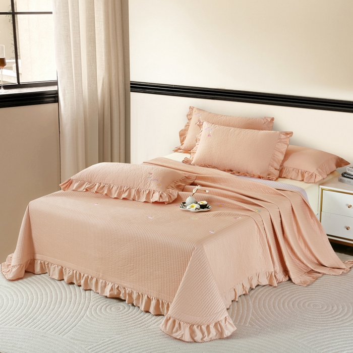 91家纺网 家纺一手货源 找家纺 OL家纺 2025新款全棉夹棉床盖三件套-芭比系列 骍刚橘