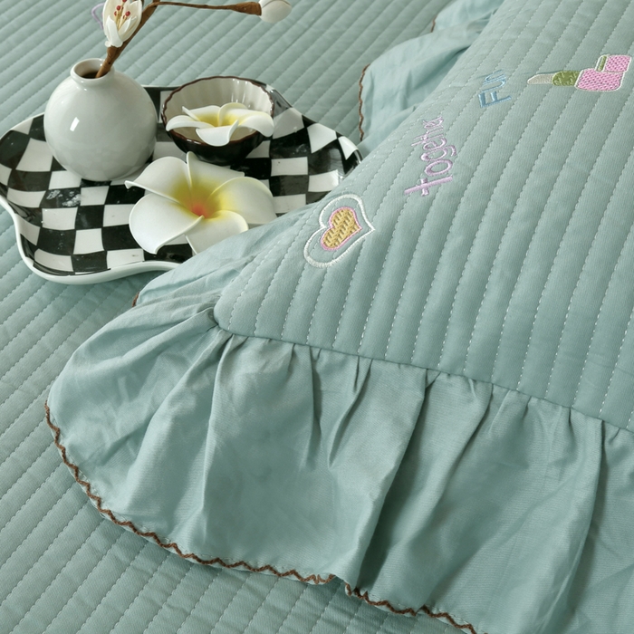 91家纺网 家纺一手货源 找家纺 OL家纺 2025新款全棉夹棉床盖三件套-芭比系列 品绿色