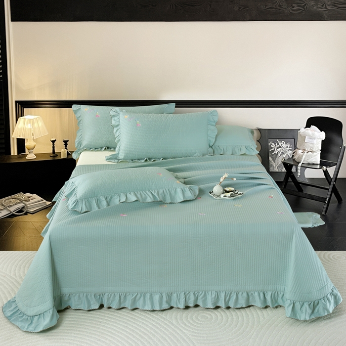 91家纺网 家纺一手货源 找家纺 OL家纺 2025新款全棉夹棉床盖三件套-芭比系列 品绿色