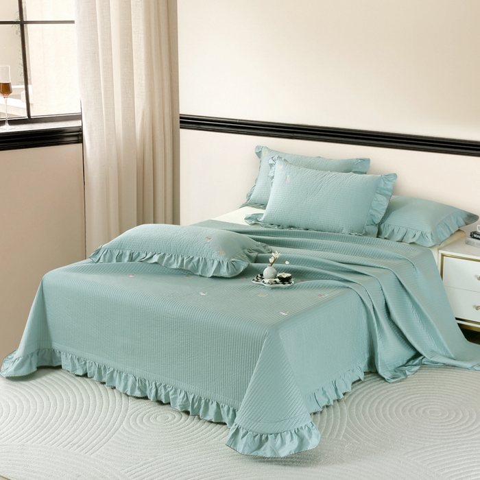 91家纺网 家纺一手货源 找家纺 OL家纺 2025新款全棉夹棉床盖三件套-芭比系列 品绿色