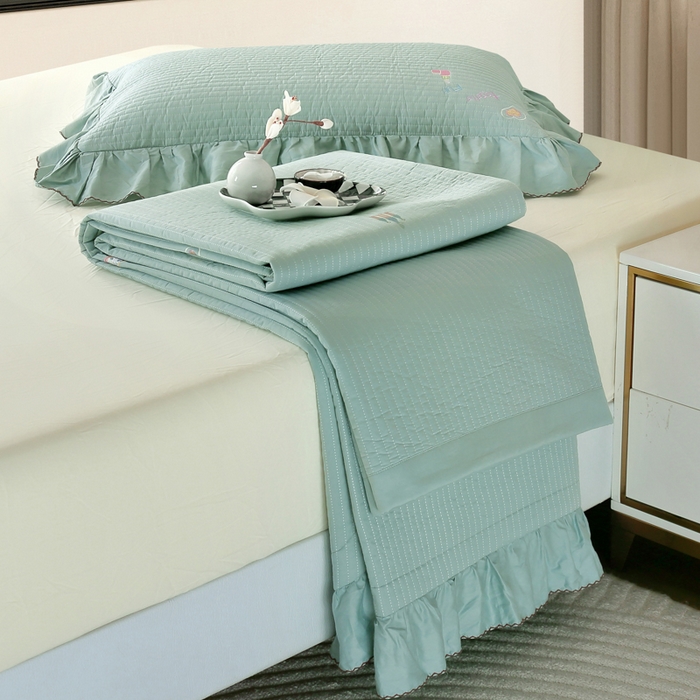 91家纺网 家纺一手货源 找家纺 OL家纺 2025新款全棉夹棉床盖三件套-芭比系列 品绿色