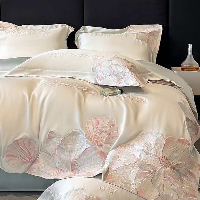 91家纺网 家纺一手货源 找家纺 置顶家纺 2025新款COCO小姐升级版水洗天丝四件套系列 COCO小姐升级版-白+繁星蓝