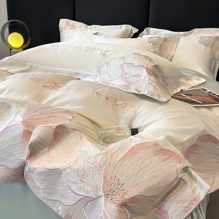 91家纺网 家纺一手货源 找家纺 置顶家纺 2025新款COCO小姐升级版水洗天丝四件套系列 COCO小姐升级版-白+繁星蓝