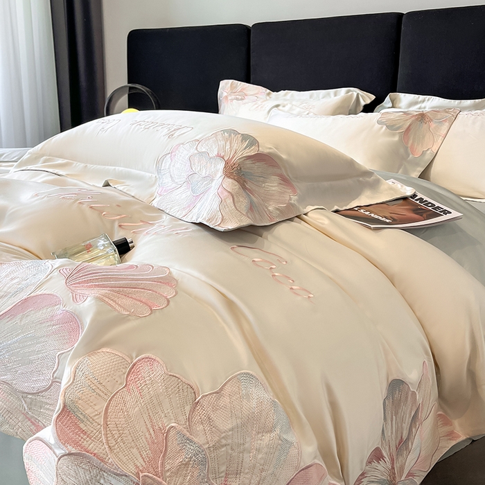 91家纺网 家纺一手货源 找家纺 置顶家纺 2025新款COCO小姐升级版水洗天丝四件套系列 COCO小姐升级版-白+繁星蓝