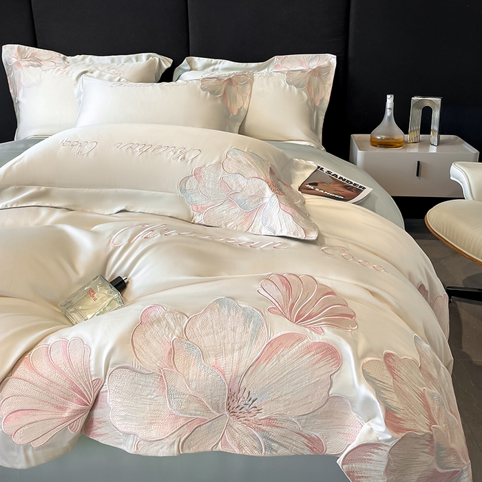 91家纺网 家纺一手货源 找家纺 置顶家纺 2025新款COCO小姐升级版水洗天丝四件套系列 COCO小姐升级版-白+繁星蓝