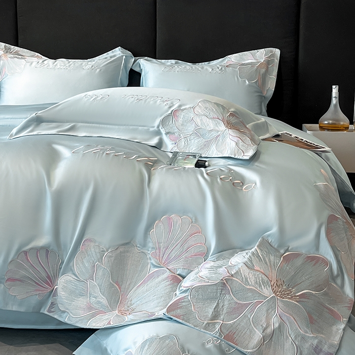 91家纺网 家纺一手货源 找家纺 置顶家纺 2025新款COCO小姐升级版水洗天丝四件套系列 COCO小姐升级版-浅蓝