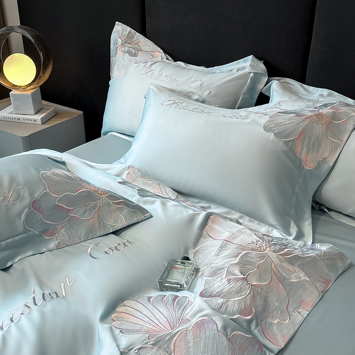 91家纺网 家纺一手货源 找家纺 置顶家纺 2025新款COCO小姐升级版水洗天丝四件套系列 COCO小姐升级版-浅蓝