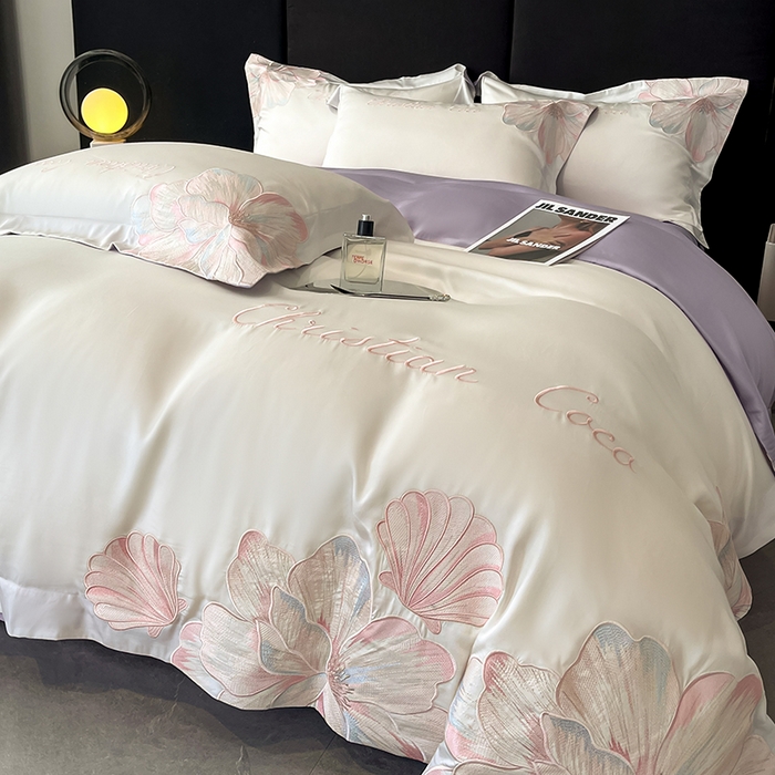 91家纺网 家纺一手货源 找家纺 置顶家纺 2025新款COCO小姐升级版水洗天丝四件套系列 COCO小姐升级版-白+香芋紫