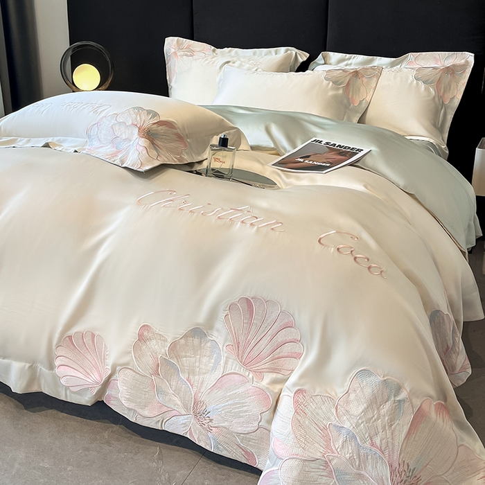 91家纺网 家纺一手货源 找家纺 置顶家纺 2025新款COCO小姐升级版水洗天丝四件套系列 COCO小姐升级版-白+繁星蓝