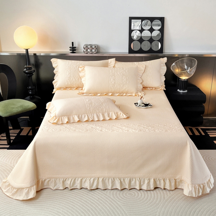 91家纺网 家纺一手货源 找家纺 OL家纺 2025新款全棉夹棉床盖三件套-欧花系列 杏仁黄