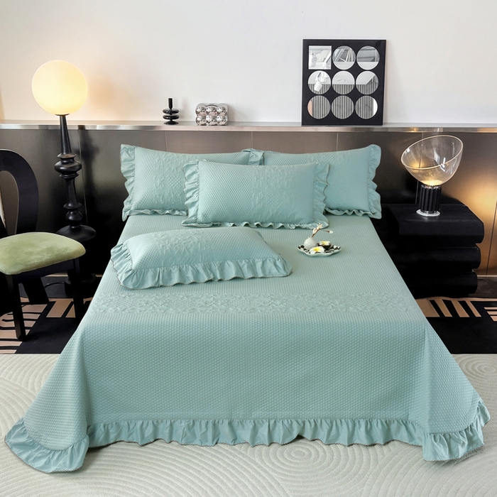 91家纺网 家纺一手货源 找家纺 OL家纺 2025新款全棉夹棉床盖三件套-欧花系列 品绿色