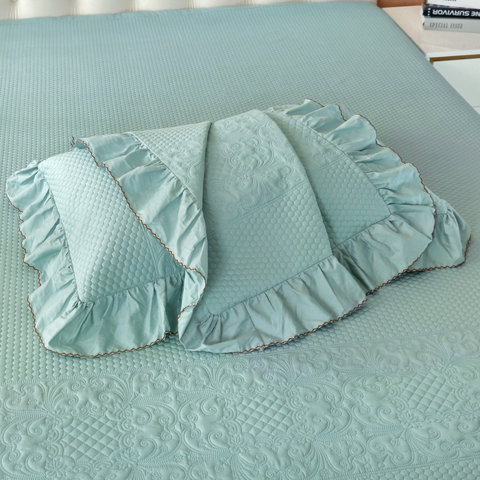 91家纺网 家纺一手货源 找家纺 OL家纺 2025新款全棉夹棉床盖三件套-欧花系列 品绿色