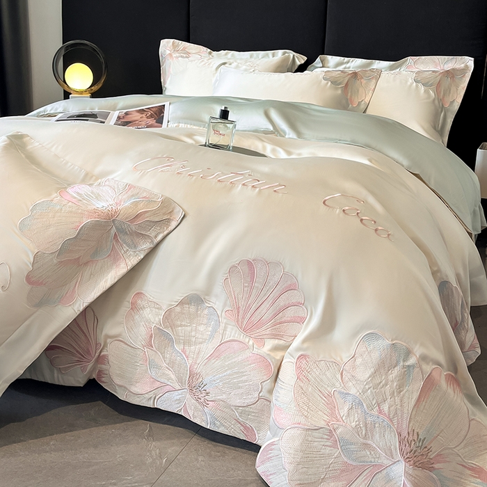 91家纺网 家纺一手货源 找家纺 置顶家纺 2025新款COCO小姐升级版水洗天丝四件套系列 COCO小姐升级版-白+繁星蓝