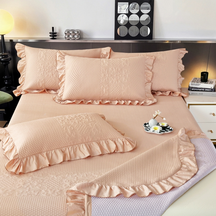 91家纺网 家纺一手货源 找家纺 OL家纺 2025新款全棉夹棉床盖三件套-欧花系列 骍刚橘