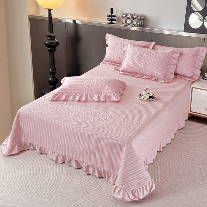 91家纺网 家纺一手货源 找家纺 OL家纺 2025新款全棉夹棉床盖三件套-欧花系列 桃夭粉