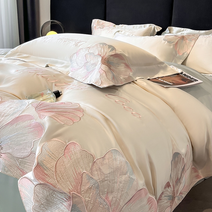 91家纺网 家纺一手货源 找家纺 置顶家纺 2025新款COCO小姐升级版水洗天丝四件套系列 COCO小姐升级版-白+繁星蓝