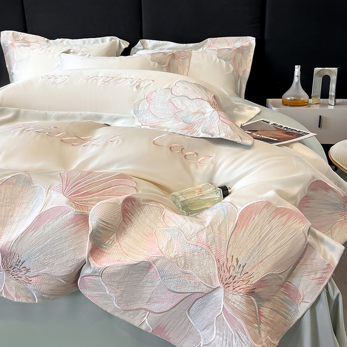 91家纺网 家纺一手货源 找家纺 置顶家纺 2025新款COCO小姐升级版水洗天丝四件套系列 COCO小姐升级版-白+繁星蓝