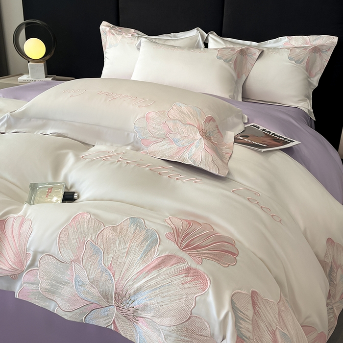 91家纺网 家纺一手货源 找家纺 置顶家纺 2025新款COCO小姐升级版水洗天丝四件套系列 COCO小姐升级版-白+香芋紫