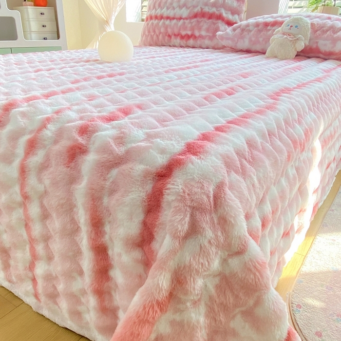 91家纺网 家纺一手货源 找家纺 麒东家纺 2025新款波浪绒兔毛绒床单单床单床单单品 粉色