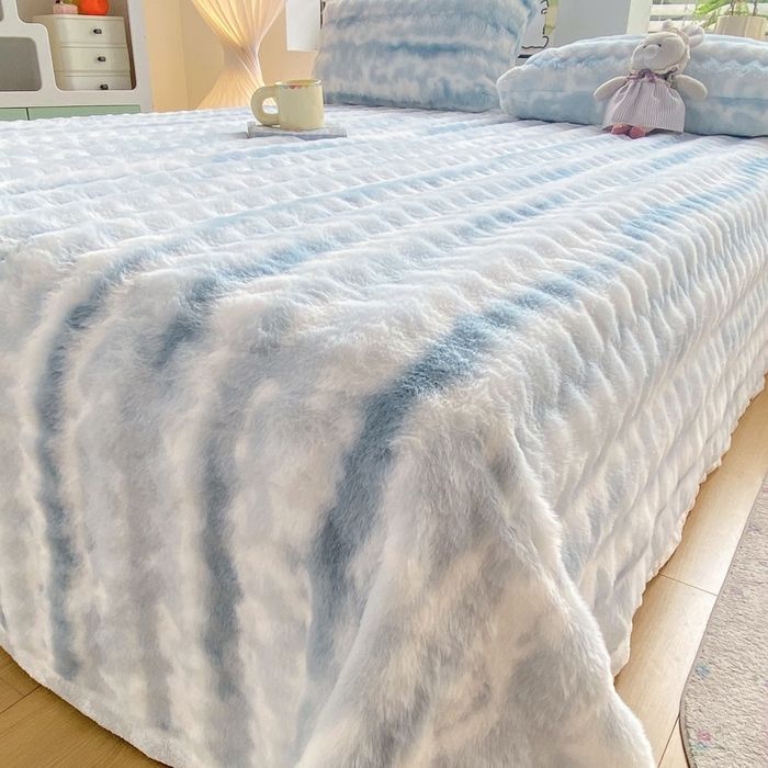 91家纺网 家纺一手货源 找家纺 麒东家纺 2025新款波浪绒兔毛绒床单单床单床单单品 蓝色