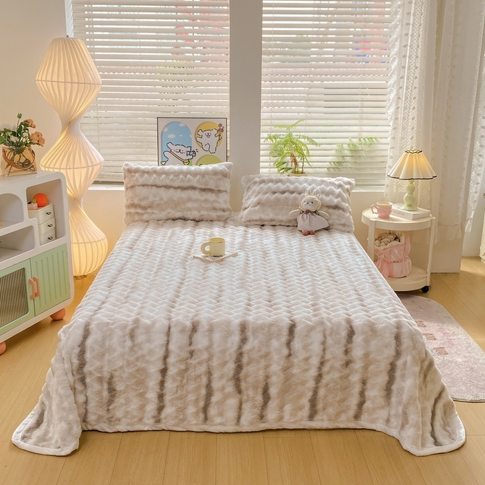 91家纺网 家纺一手货源 找家纺 麒东家纺 2025新款波浪绒兔毛绒床单单床单床单单品 咖色