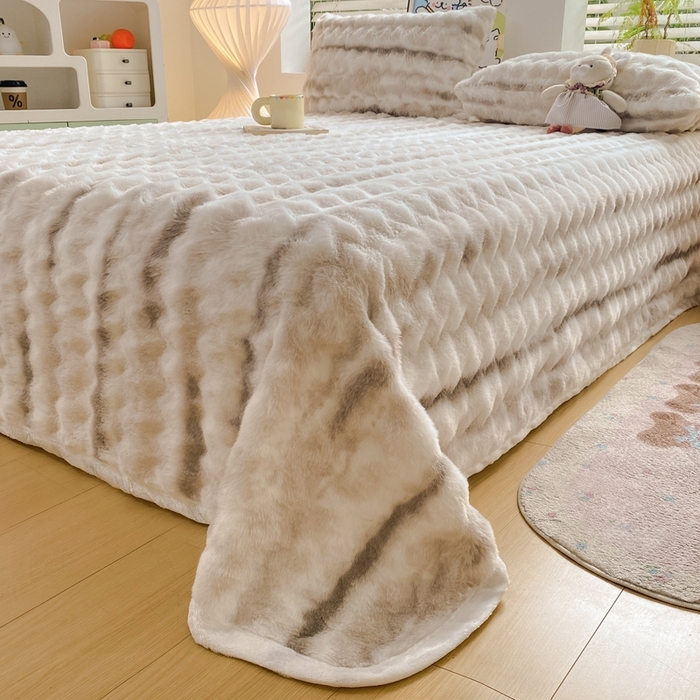 91家纺网 家纺一手货源 找家纺 麒东家纺 2025新款波浪绒兔毛绒床单单床单床单单品 咖色