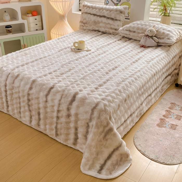 91家纺网 家纺一手货源 找家纺 麒东家纺 2025新款波浪绒兔毛绒床单单床单床单单品 咖色