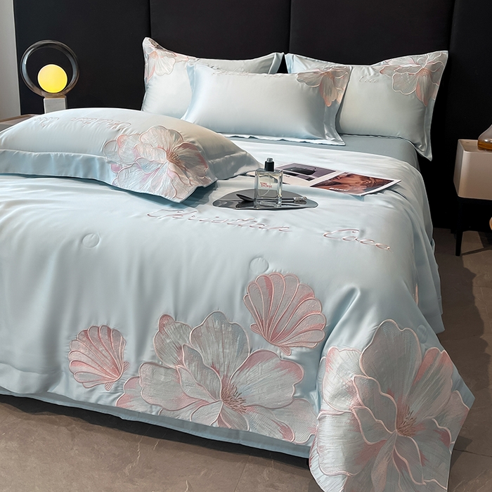 91家纺网 家纺一手货源 找家纺 置顶家纺 2025新款水洗天丝夏被四件套-coco小姐 COCO小姐-浅蓝