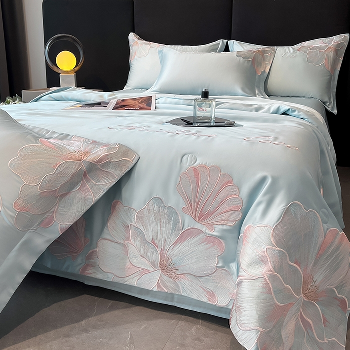 91家纺网 家纺一手货源 找家纺 置顶家纺 2025新款水洗天丝夏被四件套-coco小姐 COCO小姐-浅蓝