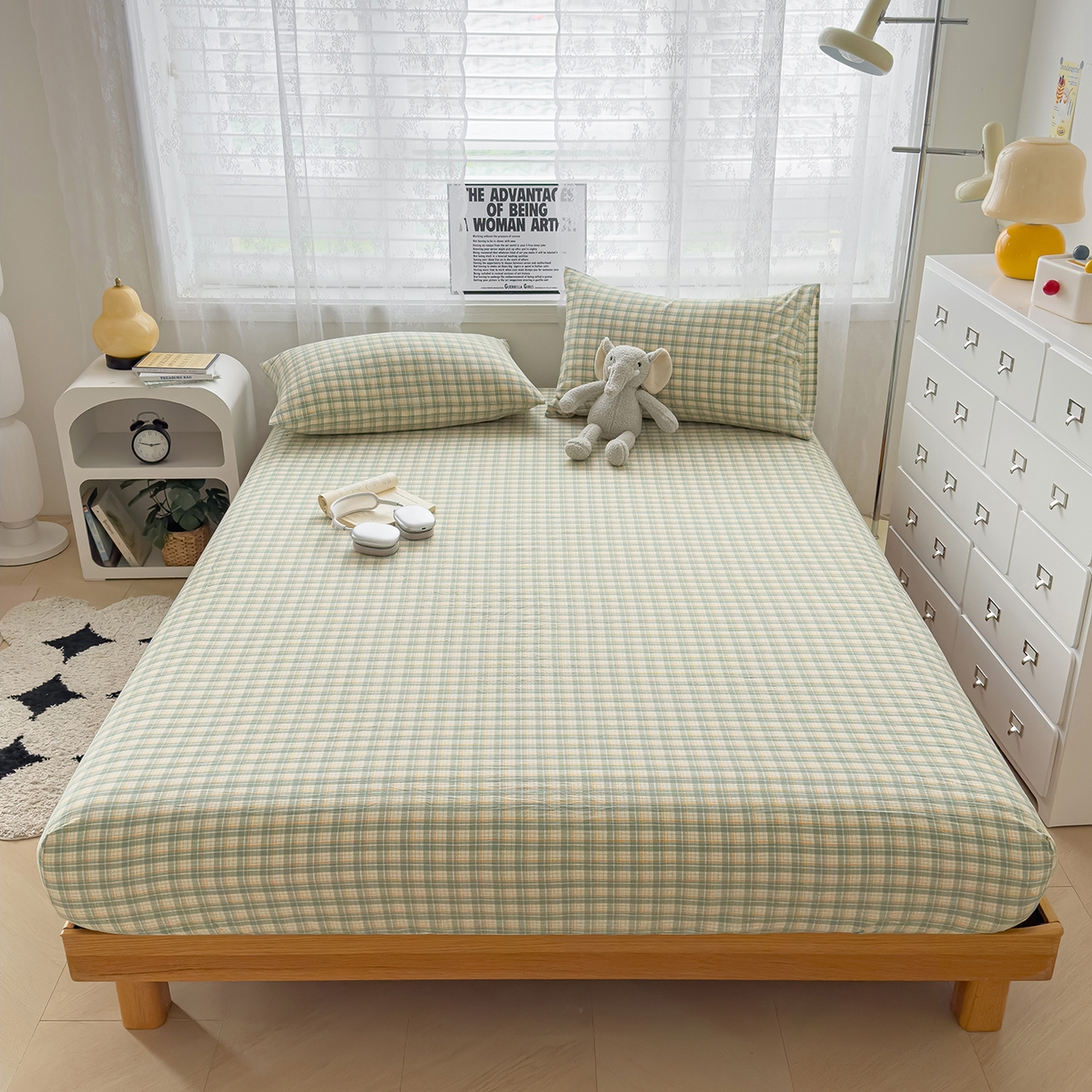 对白 2025新款32支全棉色织水洗棉单品床笠 西西里-绿格