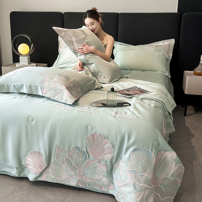 91家纺网 家纺一手货源 找家纺 置顶家纺 2025新款水洗天丝夏被四件套-coco小姐 COCO小姐-繁星蓝