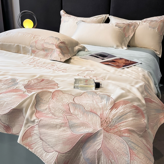 91家纺网 家纺一手货源 找家纺 置顶家纺 2025新款水洗天丝夏被四件套-coco小姐 COCO小姐-白+繁星蓝