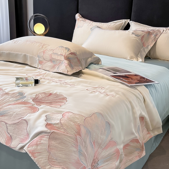 91家纺网 家纺一手货源 找家纺 置顶家纺 2025新款水洗天丝夏被四件套-coco小姐 COCO小姐-白+繁星蓝