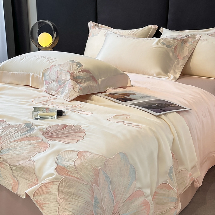 91家纺网 家纺一手货源 找家纺 置顶家纺 2025新款水洗天丝夏被四件套-coco小姐 COCO小姐-白+粉